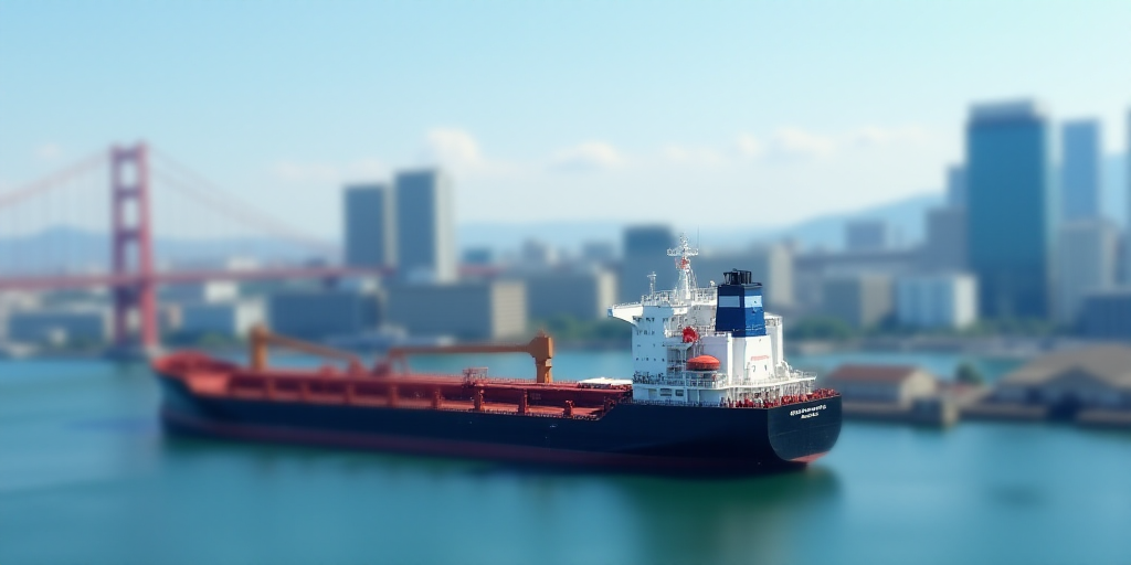 a large cargo ship in the water near a city skyline with tall buildings in the background and a brid