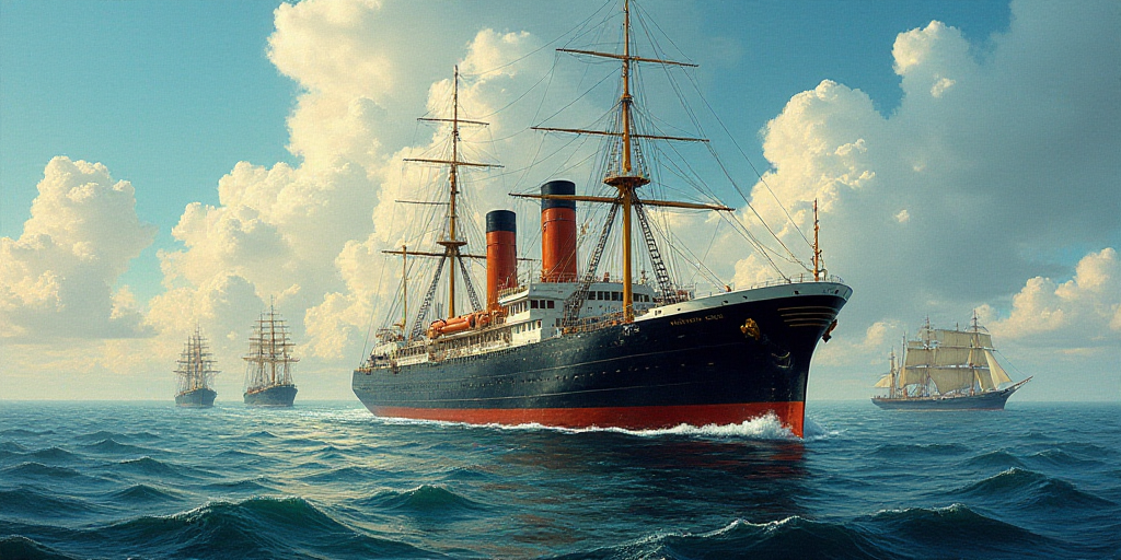 a large cargo ship in the water with other ships in the background and a sky background with clouds
