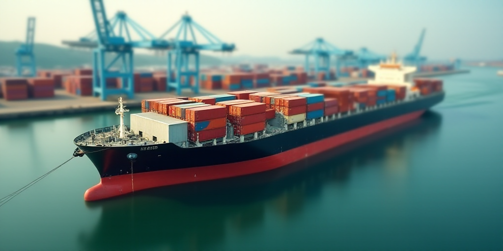 a large cargo ship is docked at a port with a lot of containers on the deck of the ship, Andries Sto