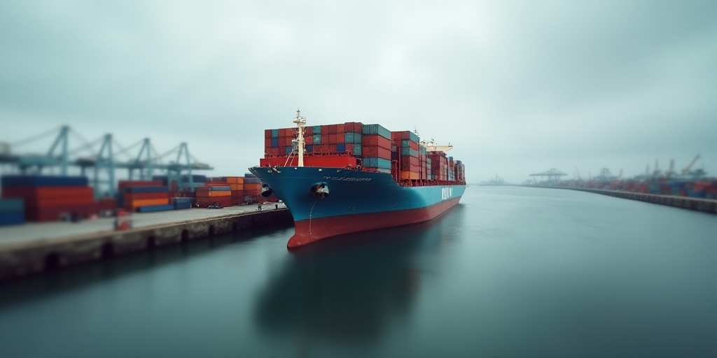 a large cargo ship loaded with containers at a dock in a harbor with a cloudy sky above it and a doc