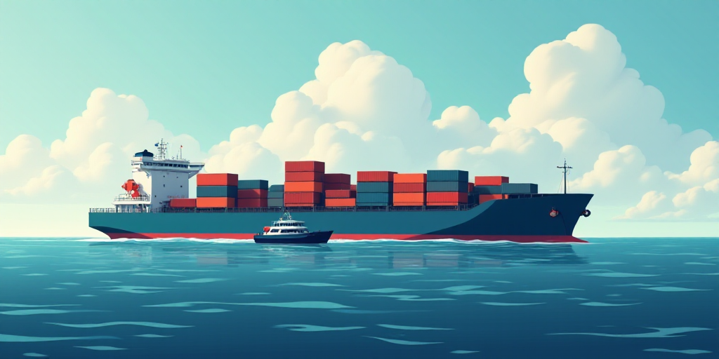 a large cargo ship with containers on it's back in the ocean under a cloudy sky with a boat in the w