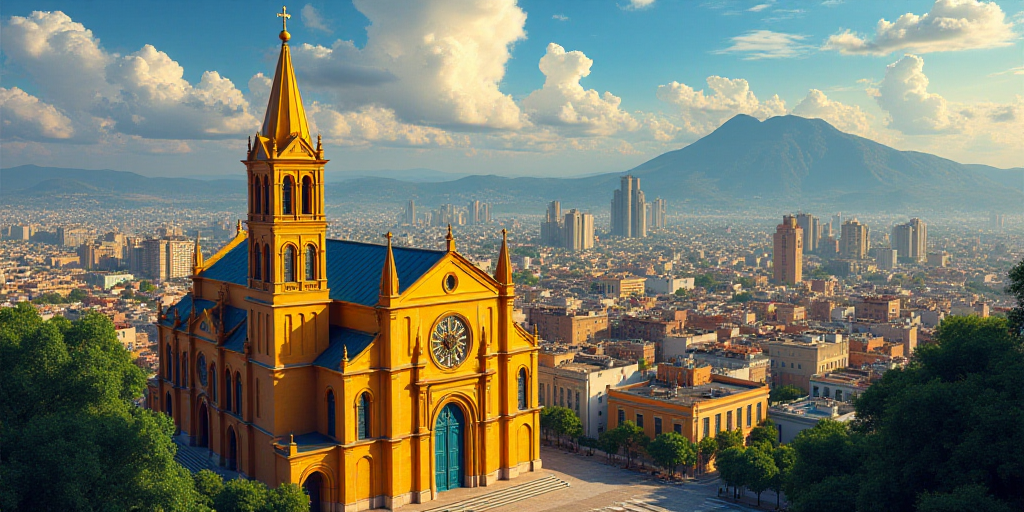 a large cathedral with a yellow steeple in the middle of a city with tall buildings and a mountain i