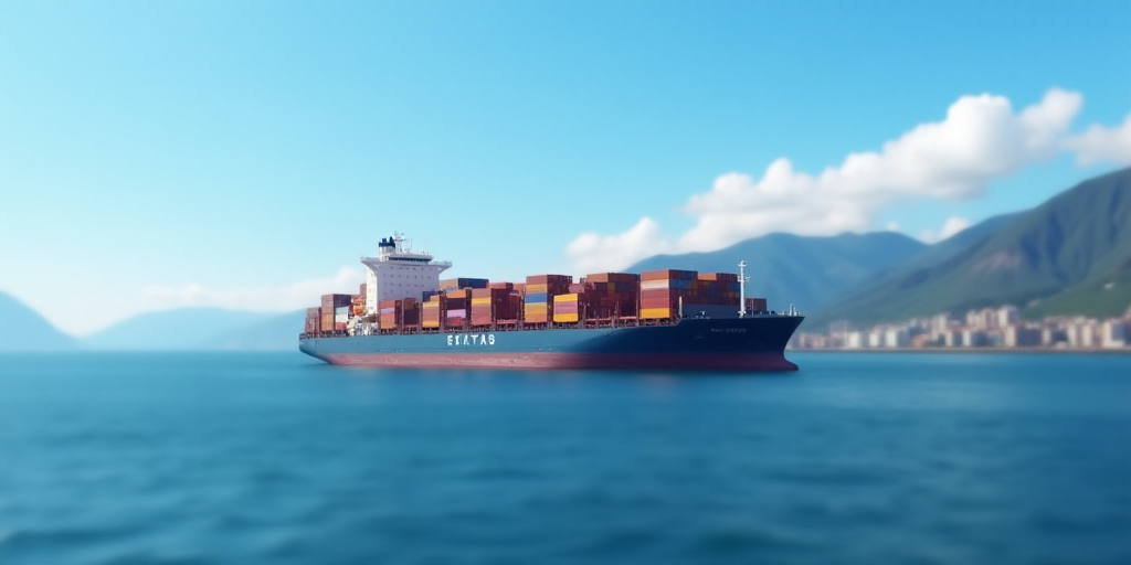 a large container ship is docked at a port in the ocean with mountains in the background and a blue