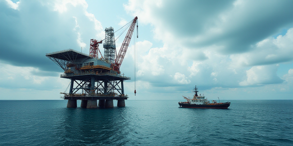 a large crane is in the middle of the ocean with a boat nearby and a barge in the water, Bascove, oi