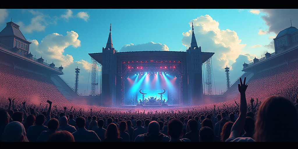 a large crowd of people at a concert with a stage in the background and a sky background with a blue
