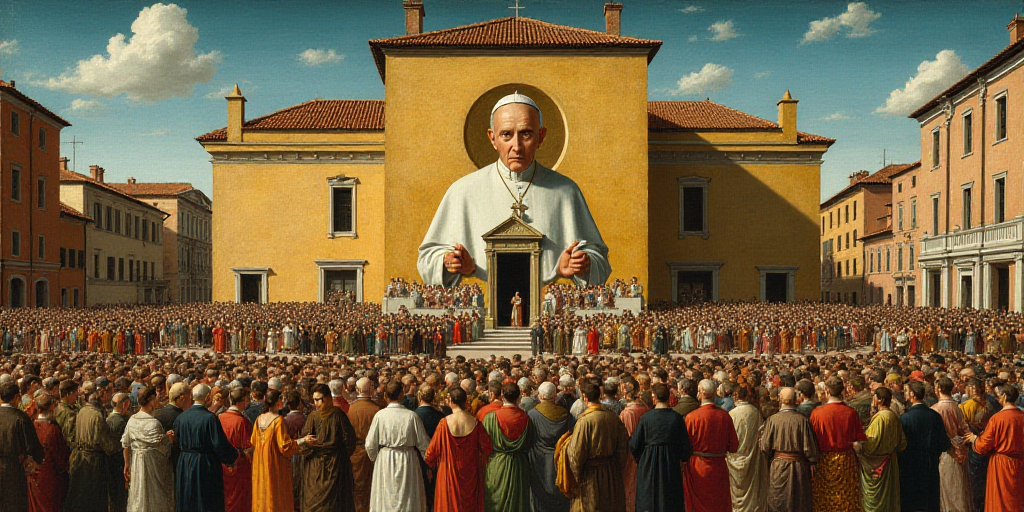 a large crowd of people standing around a building with a large picture of a pope on the wall of the