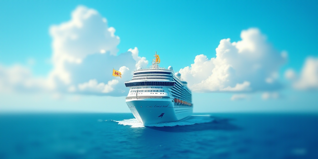 a large cruise ship in the middle of the ocean with a blue sky background and a yellow and white fla