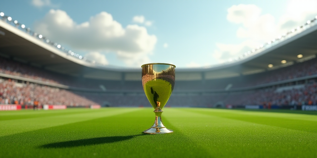 a large cup sitting on top of a lush green field next to a stadium filled with people watching it, A