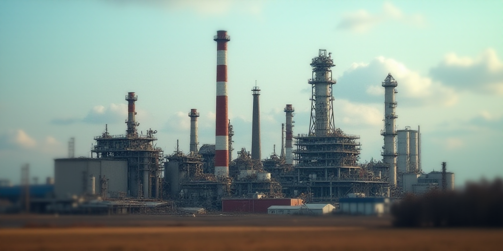 a large factory with a lot of machinery and buildings in the background and a sky background with a