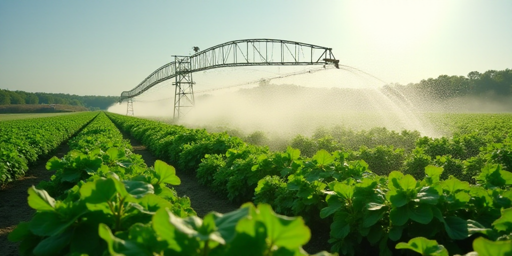 a large field of green plants with a large metal sprinkler in the background of the picture, Andries