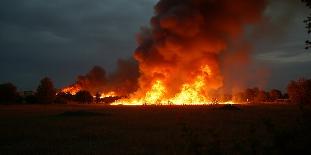 a large fire is burning in the distance in a field with trees and buildings in the background and a