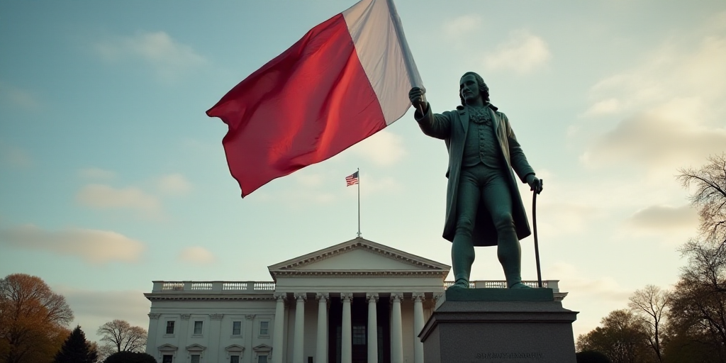 a large flag flying in front of a building with a statue of a man holding a flag in front of it, Ben