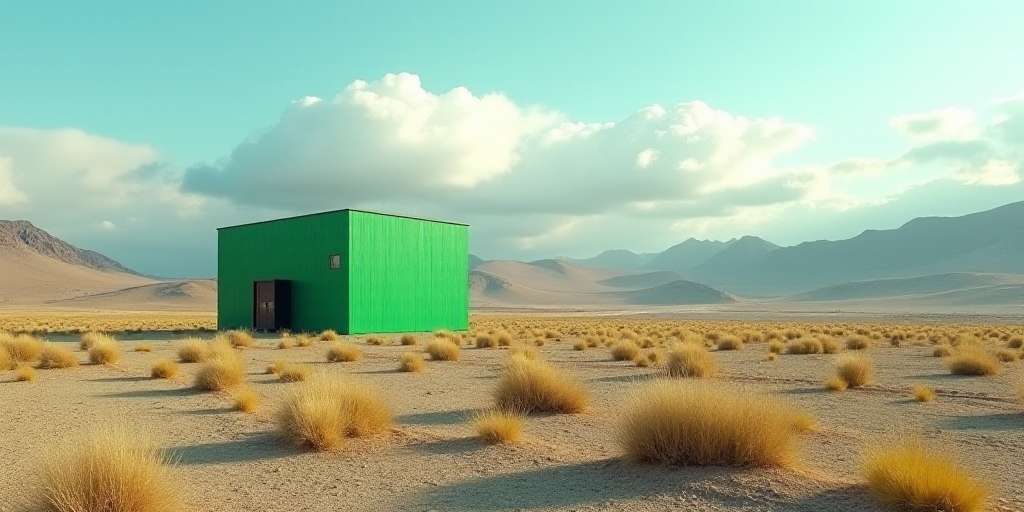 a large green building sitting on top of a desert field next to mountains and a sky background with