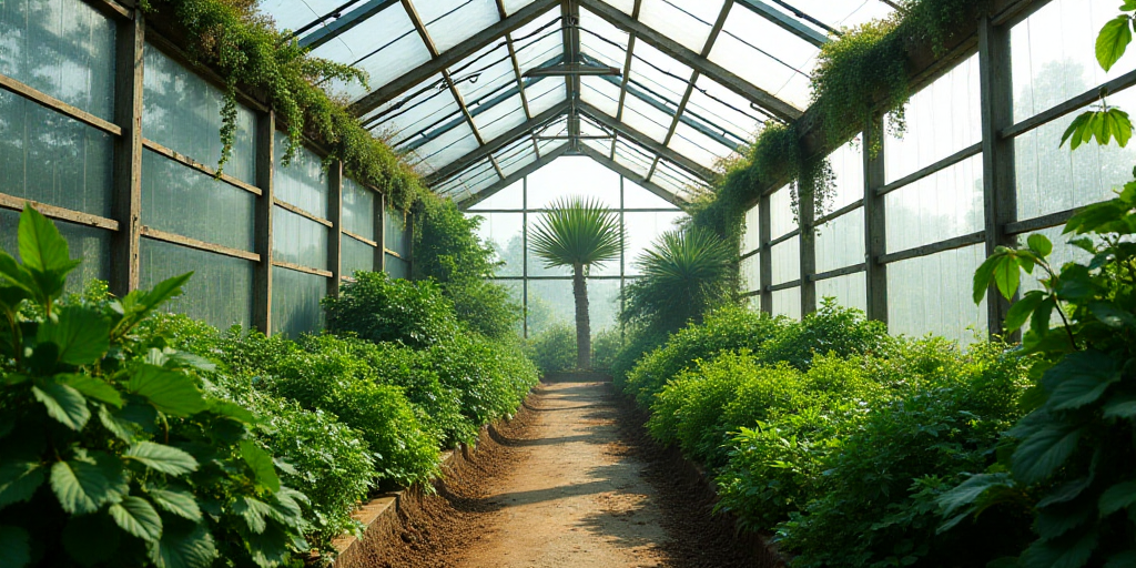 a large greenhouse with a lot of plants growing inside of it and a palm tree in the background in th