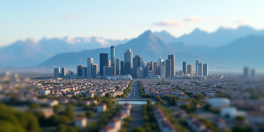 a large group of buildings in a large city with mountains in the background and a sky line in the fo