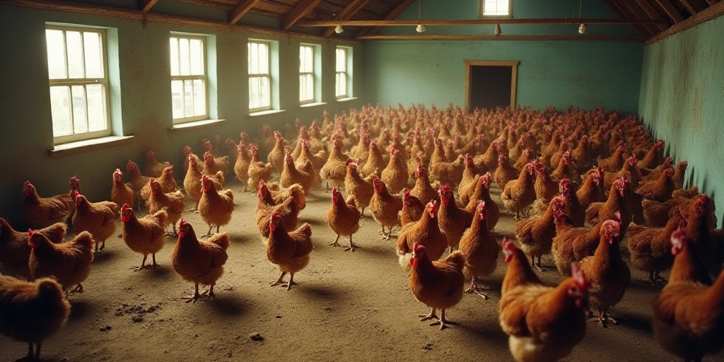 a large group of chickens in a building with a lot of windows and a lot of dirt on the ground, Afewe