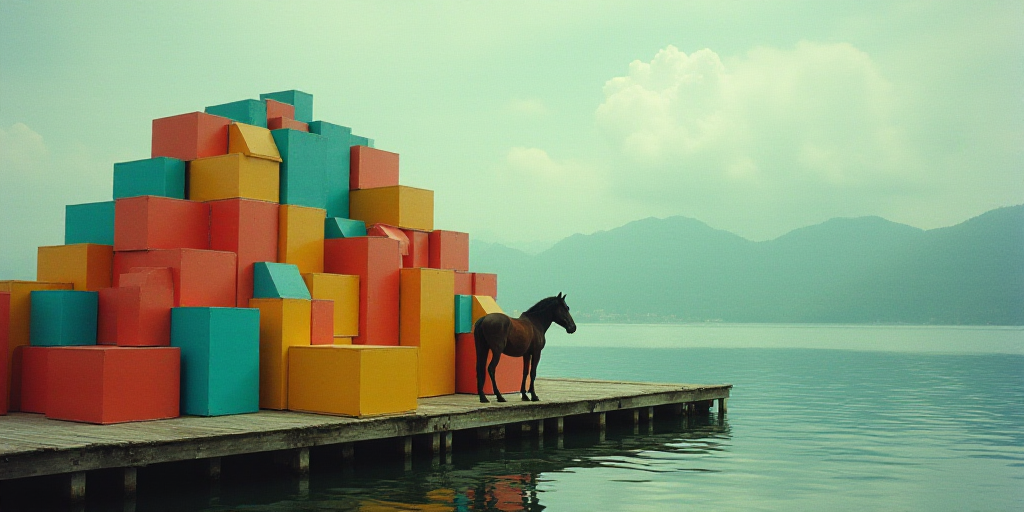 a large group of colorful boxes sitting on top of a dock next to a body of water with a horse, Aquir