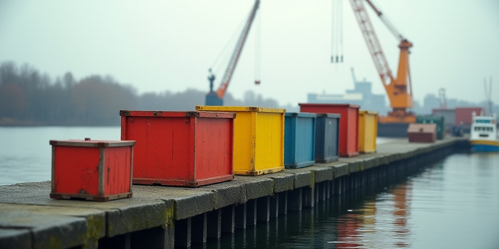 a large group of colorful boxes sitting on top of a dock next to a body of water with a crane in the