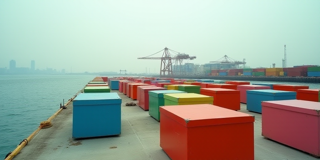 a large group of colorful boxes sitting on top of a dock next to a body of water with a crane in the