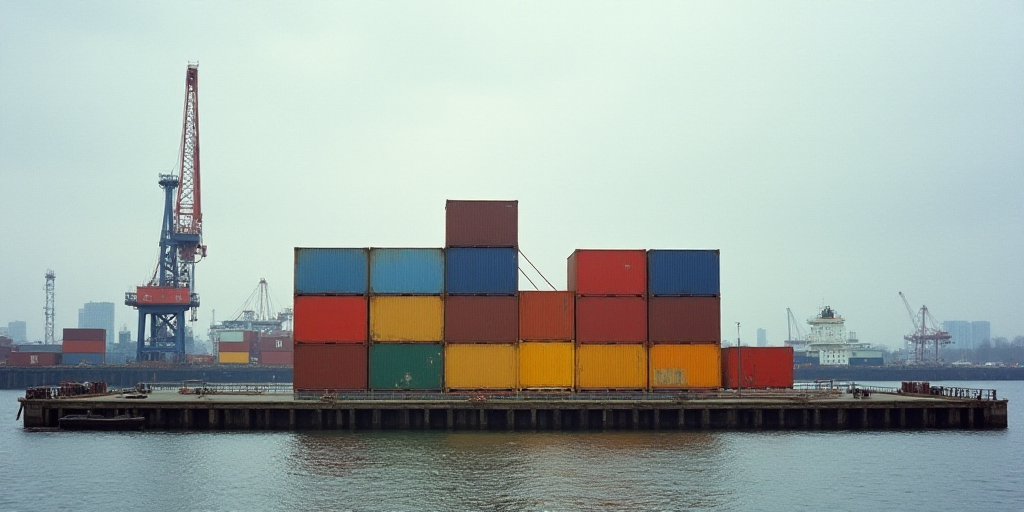 a large group of colorful boxes sitting on top of a dock next to a body of water with a crane in the
