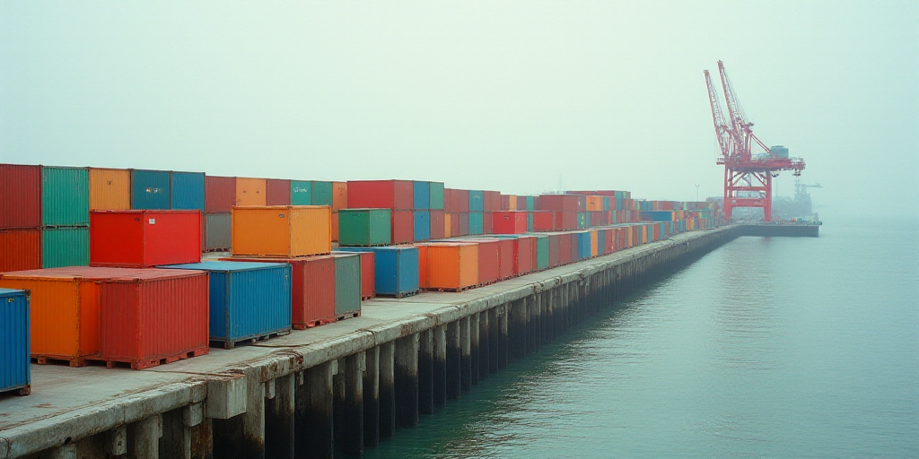 a large group of colorful boxes sitting on top of a dock next to a body of water with a crane in the
