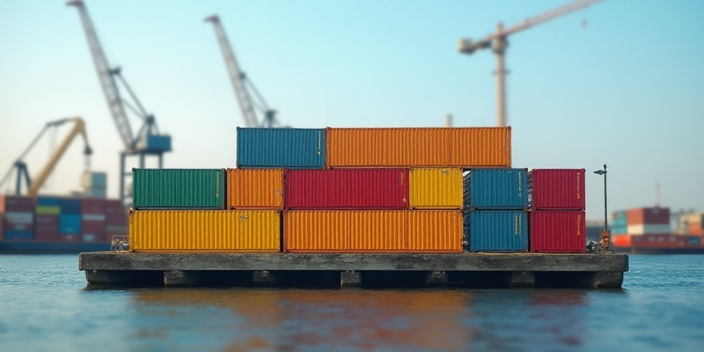 a large group of colorful boxes sitting on top of a dock next to a body of water with a crane in the