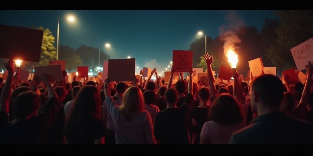 a large group of people holding signs and protesting in a protest at night time with lights on and o