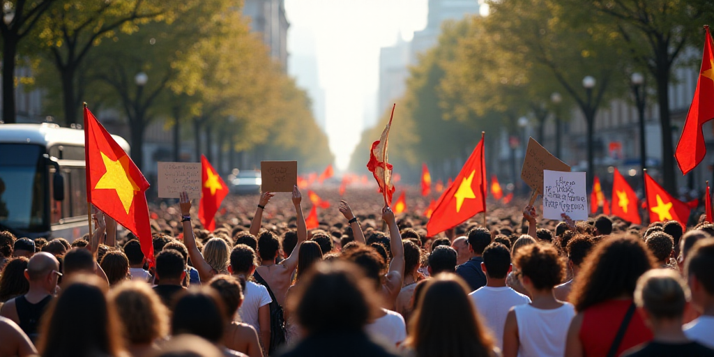 a large group of people holding signs and flags in the street with a bus in the background and a cro