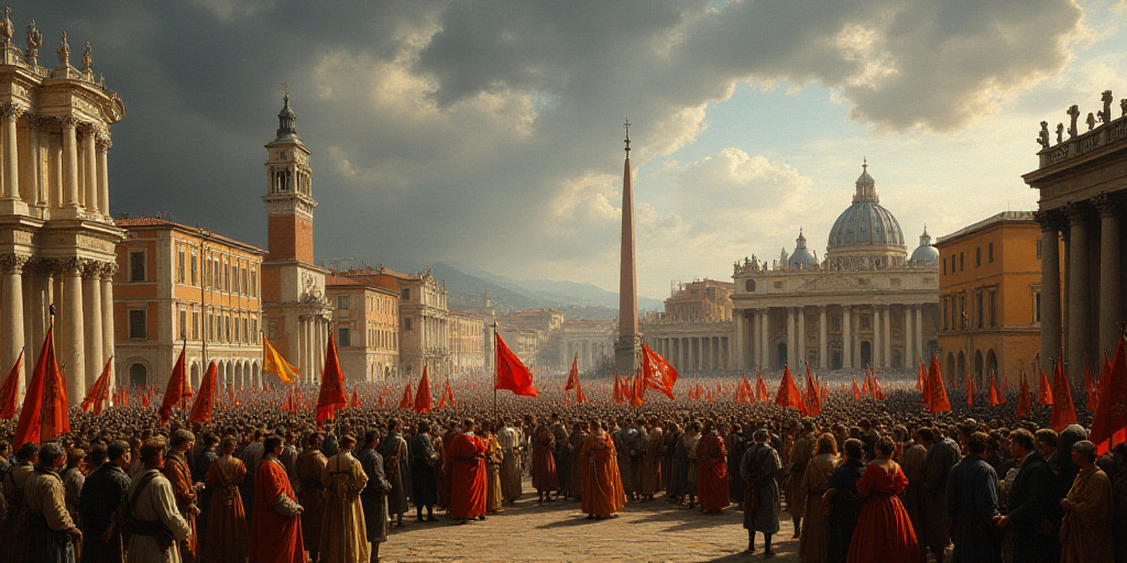 a large group of people holding flags and umbrellas in a city square with buildings in the backgroun