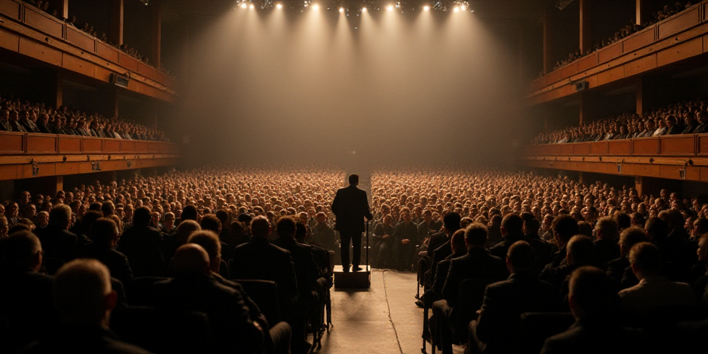 a large group of people in a room with a speaker in the center of the room and a podium in the middl