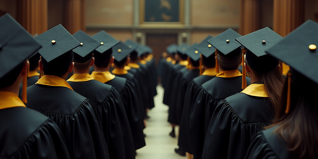 a large group of people in graduation gowns and hats and gowns are standing in a row and looking at