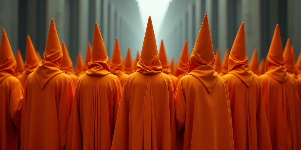 a large group of people in orange robes and hats standing together in a crowd of people in orange ro