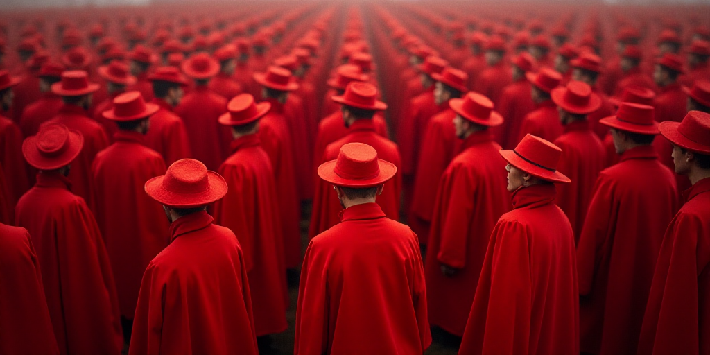 a large group of people in red robes and hats standing in a crowd of men and women in red, Andreas G