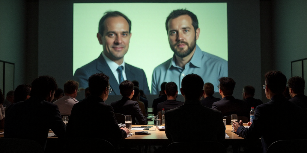 a large group of people sitting at a table in front of a screen with a picture of two men on it, Edu
