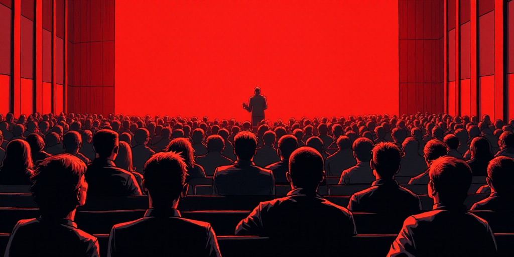 a large group of people sitting in a room with a red background and a red and black photo of a crowd