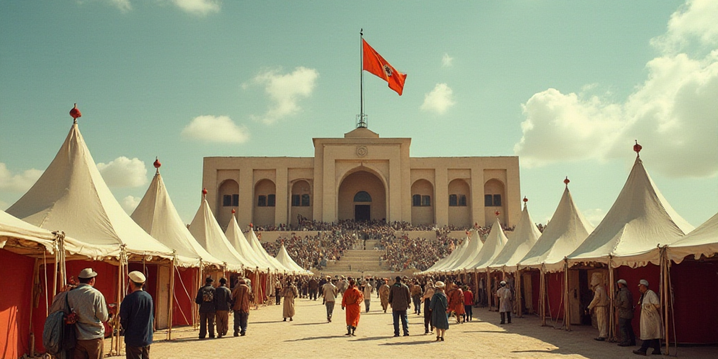 a large group of people with tents in front of a building with a flag on top of it and a flag pole i