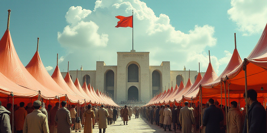 a large group of people with tents in front of a building with a flag on top of it and a flag pole i