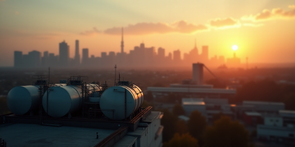 a large group of tanks sitting on top of a roof next to a city skyline at sunset or dusk, Elbridge A