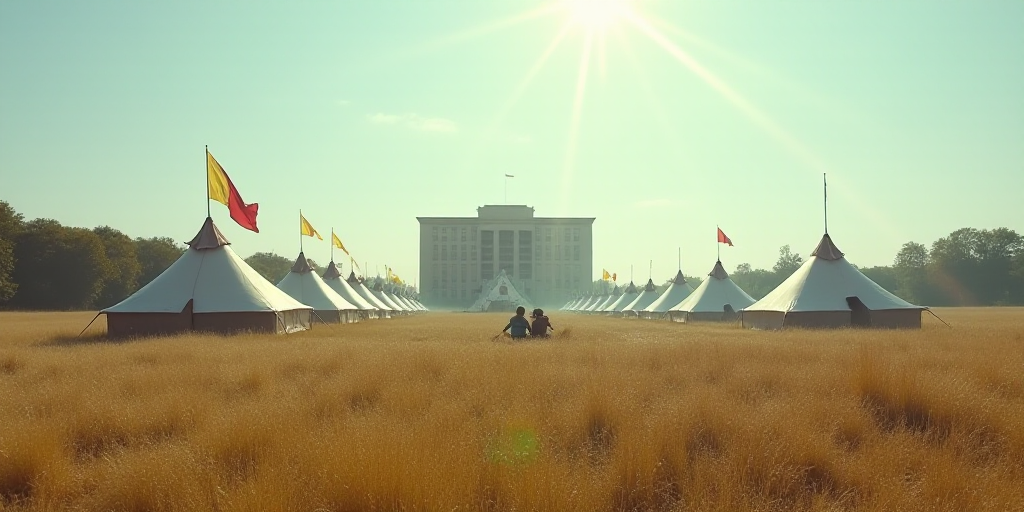 a large group of tents are in a large field with a building in the background and a flag flying in t
