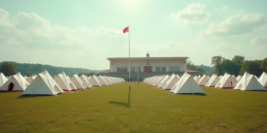 a large group of tents are in a large field with a building in the background and a flag flying in t