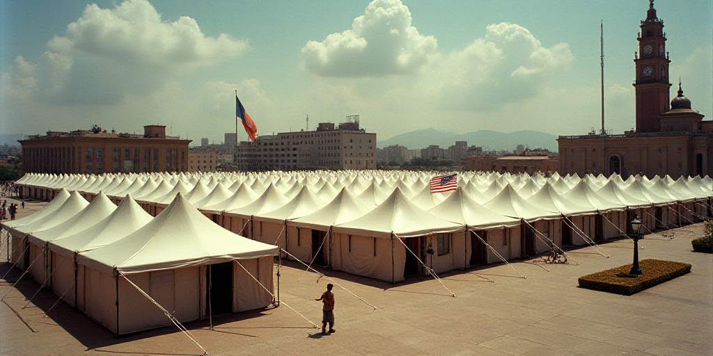 a large group of tents set up in a plaza with a flag flying in the background and a building with a