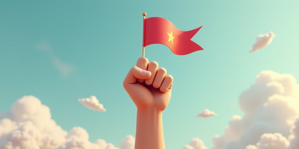 a large hand with a fist raised up in the air with a flag on it and a sky background, Cui Bai, blend