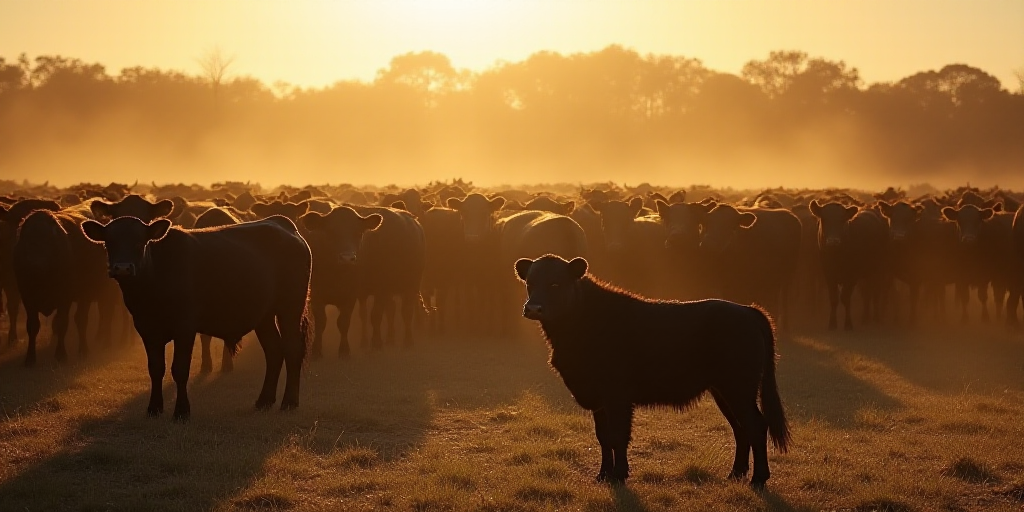 a large herd of cattle standing in a pen together in the sun light of the day, with a black dog in t