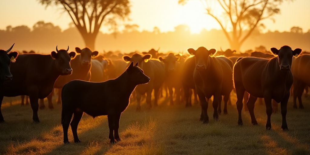 a large herd of cattle standing in a pen together in the sun light of the day, with a black dog in t
