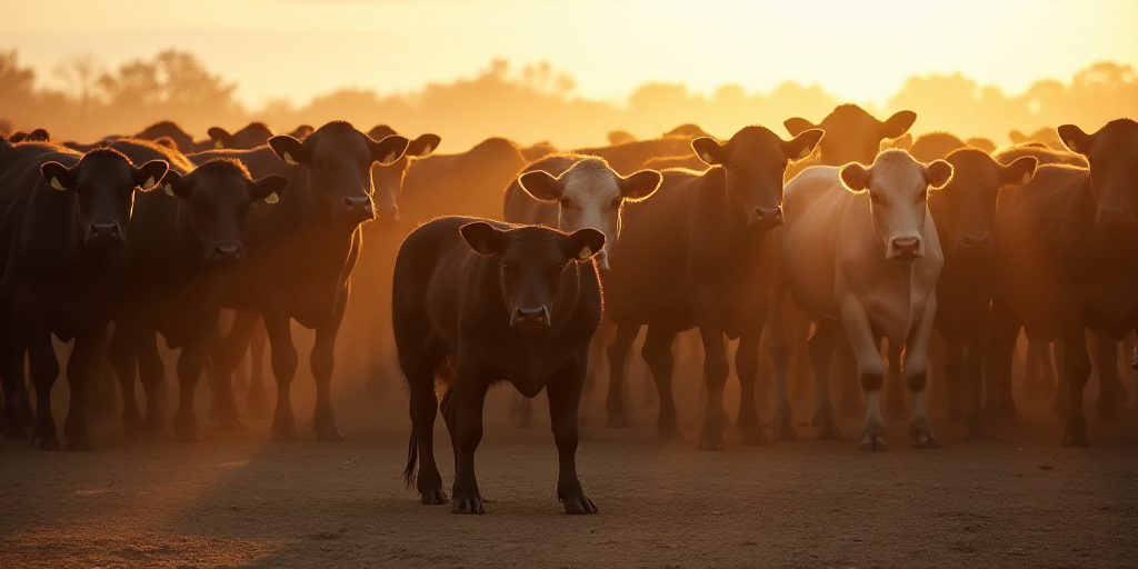 a large herd of cattle standing in a pen together in the sun light of the day, with a black dog in t