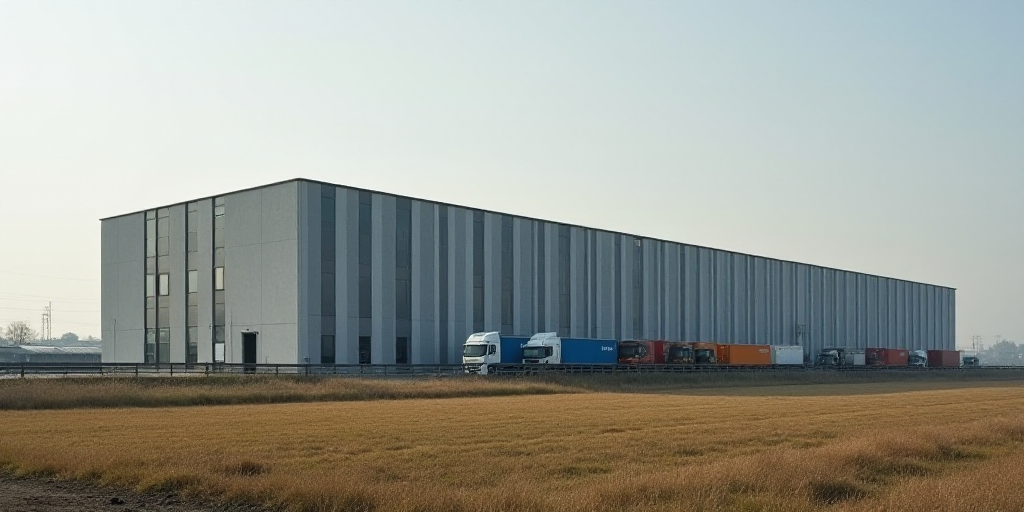 a large industrial building with many windows and a lot of trucks parked in front of it and a field,