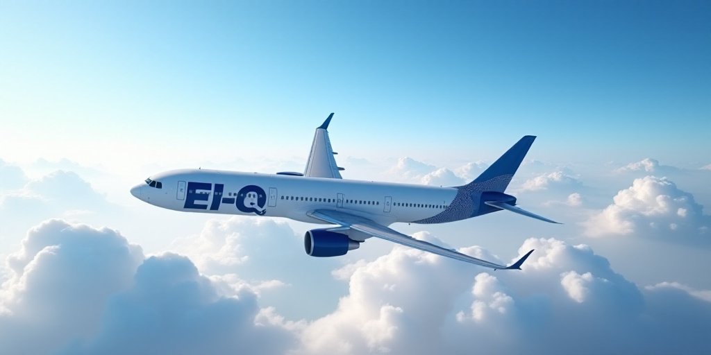 a large jetliner flying through a blue cloudy sky above the clouds with a logo on it's side, Ei-Q, f