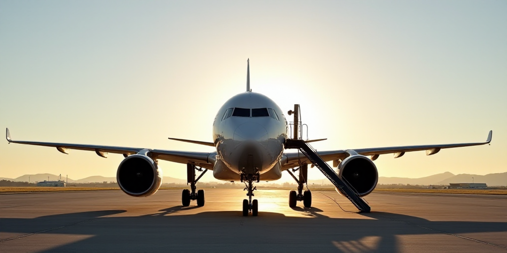 a large jetliner sitting on top of an airport tarmac with a ladder going up to it's side, Ei-Q, beau