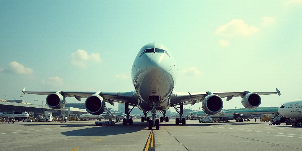a large jetliner sitting on top of an airport tarmac next to other planes and equipment on the tarma