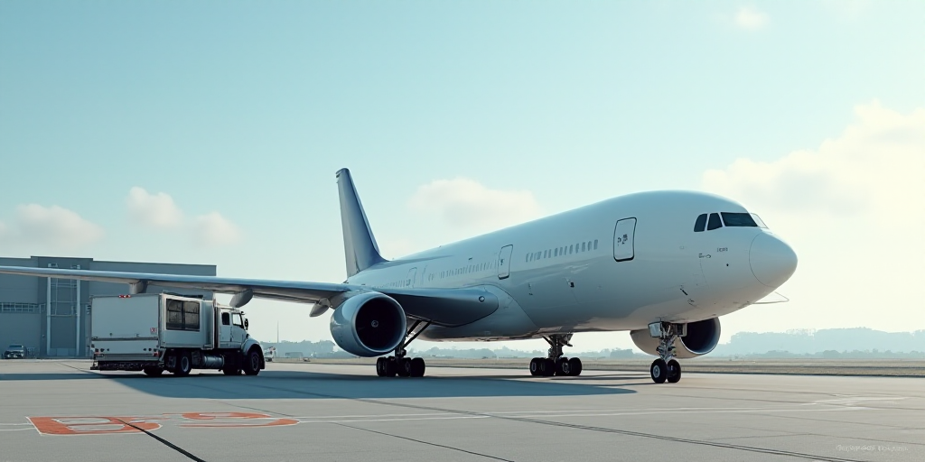 a large jetliner sitting on top of an airport tarmac next to a loading truck and a building, Ei-Q, c